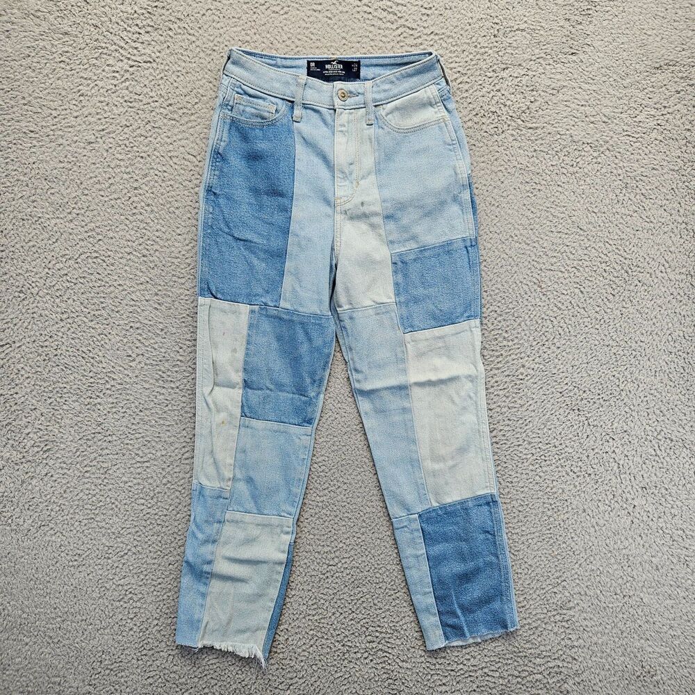 Hollister Jeans Womens 24x27 Blue Denim Patchwork Ultra High Rise Mom Jean